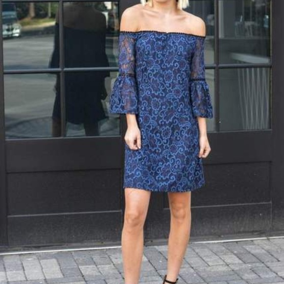 DANLYN NAVY BLUE LACE OFF-THE-SHOULDER DRESS BB DA - Picture 5 of 5